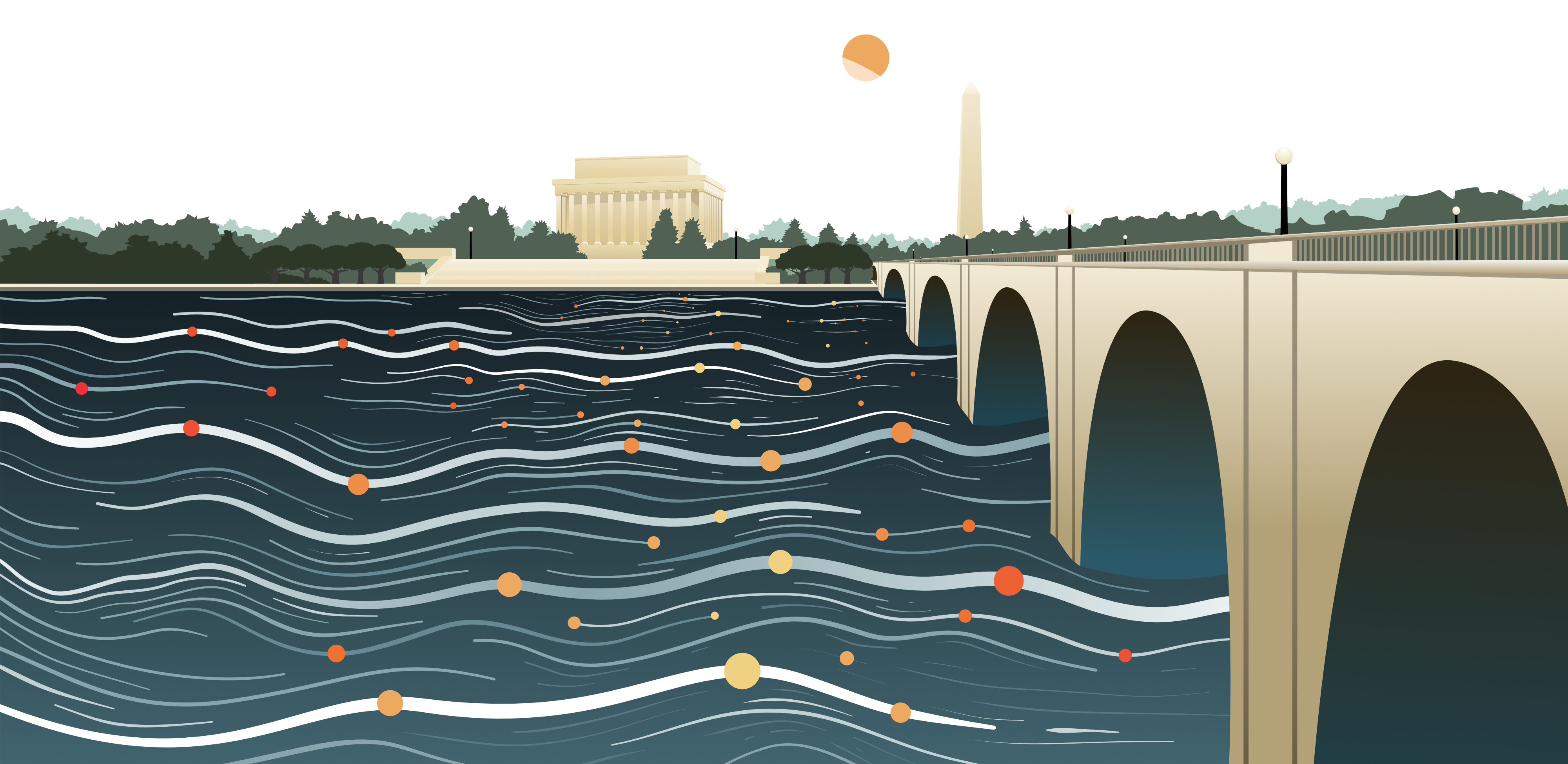 Illustration: The Lincoln Memorial and the Washington Memorial stand on the bank by the Potomac river. A bridge crosses the river from the foreground toward the memorials on the opposite bank. The water ripples resemble data points and line graphs.